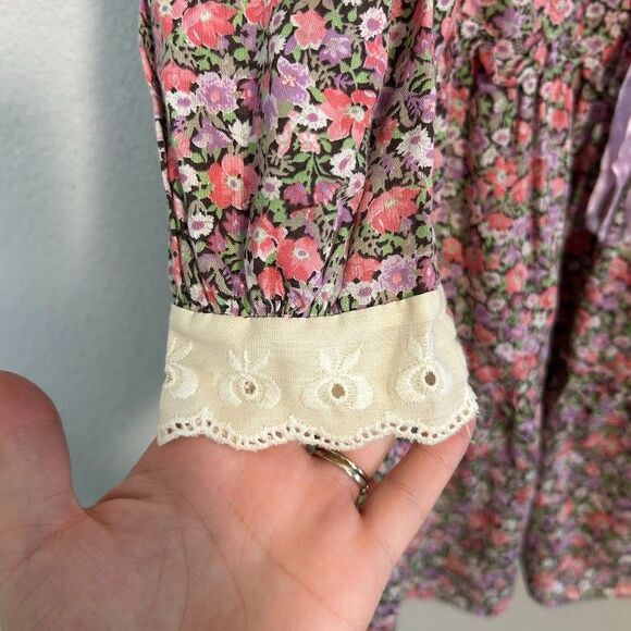 VTG Girls Smocked Floral Dress 6/8 Long Sleeve Collar Lace Trim Pink Purple - Picture 9 of 10